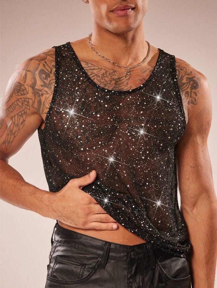 Men's Mesh Sheer Glitter Round Neck Sleeveless Tank Top